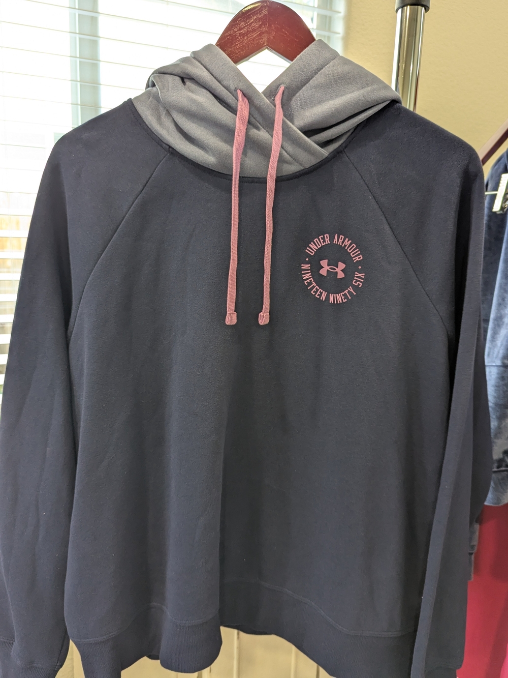 Under Armour Men's Navy Crewneck Sweatshirt with Gray Hood and Pink Accents